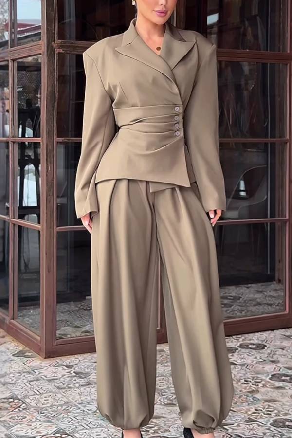 Ruched Waist Asymmetrical Blazer & Cuffed Pants Two‑Piece Set