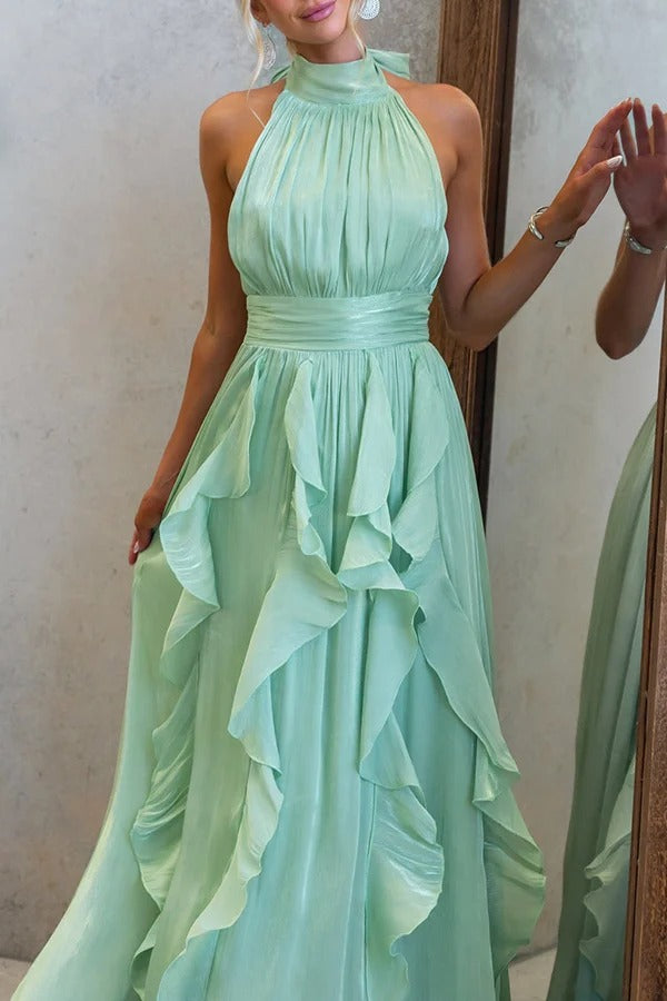 Coral Textured Metallic Chiffon Material High Tie Neck Ruffles Maxi Dress