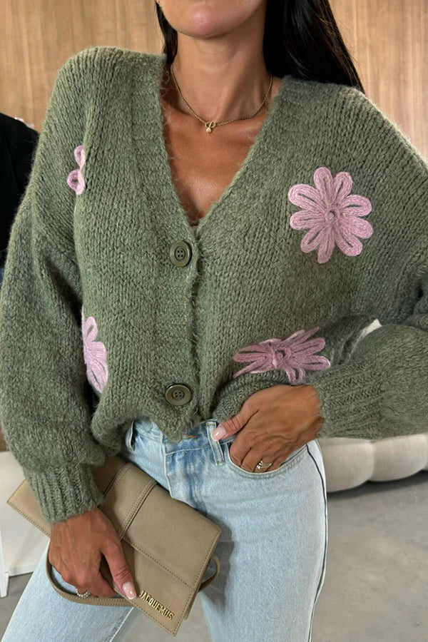 Embroidered Floral V-neck Long-sleeved Button-knit Cardigan