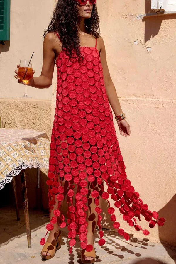 Juju Embroidered Cutout Polka Dots Square Neck Tassel Hem Slip Maxi Dress
