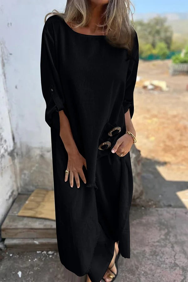 Jamilah Linen Blend Ring Detail Midi Blouse and Elastic Waist Pocketed Loose Pants Set