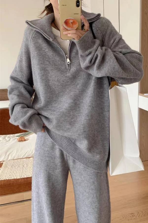 Casual Lapel Sweater and Wide-leg Pants Two-piece Suit