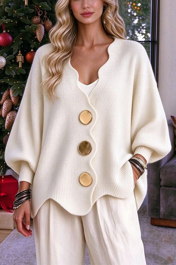 Serene Knit Wavy Edge V-neck Metal Button Long Balloon Sleeve Sweater