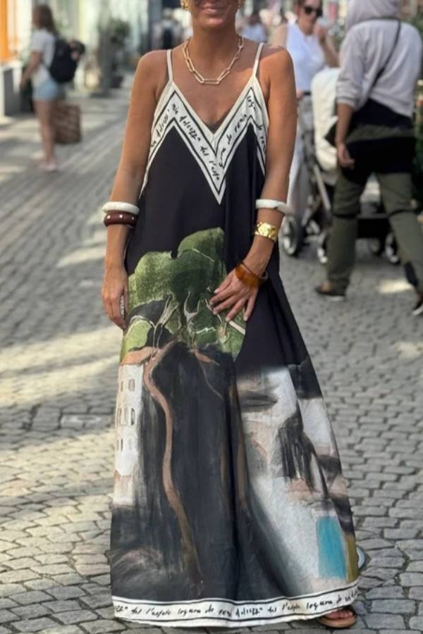 Art Oil Painting Landscape Print V‑Neck Cami Maxi Dress