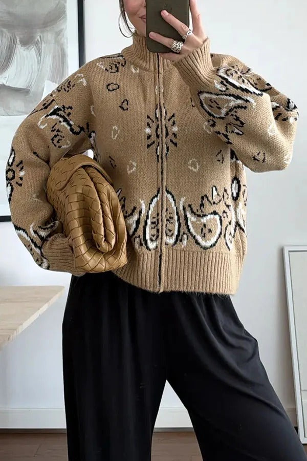 Bandana Knit Printed High Neck Long Sleeve Zipper Relaxed Cardigan