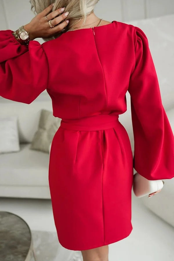 Holiday Gatherings V-neck Long Balloon Sleeve Tie-up Waist Loose Mini Dress