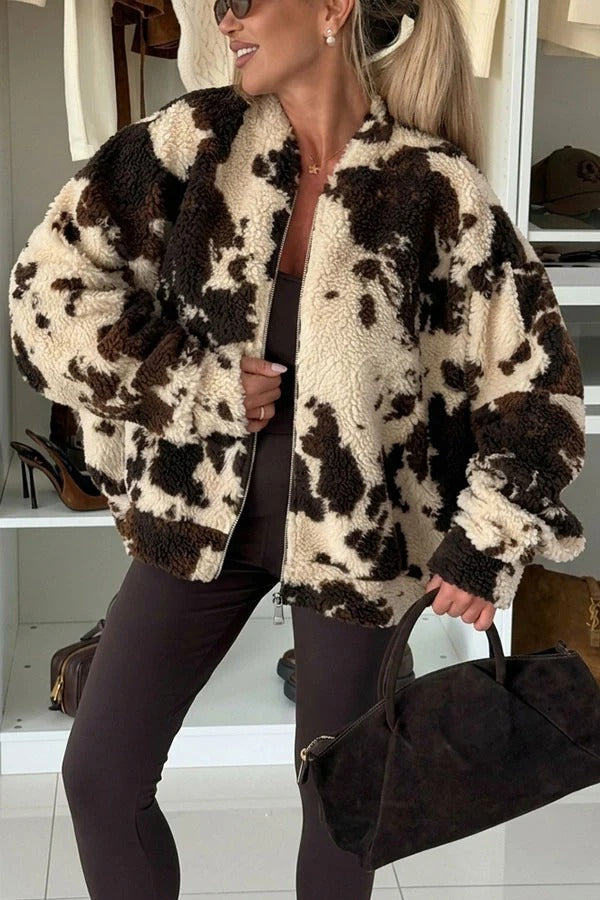 Soft and Fluffy Teddy Bear Fleece Material Contrast Color Long Sleeve Pocket Zipper Coat