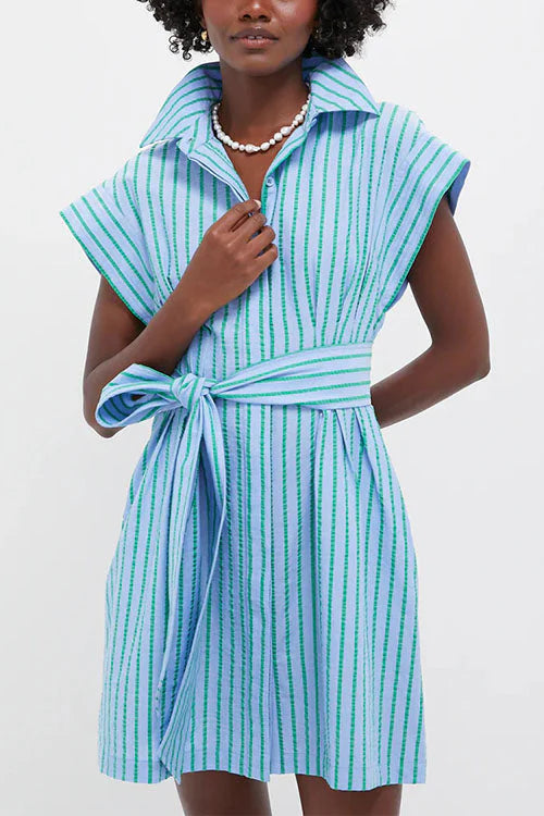 Short Sleeves Button Down Tie Waist Striped Mini Dress