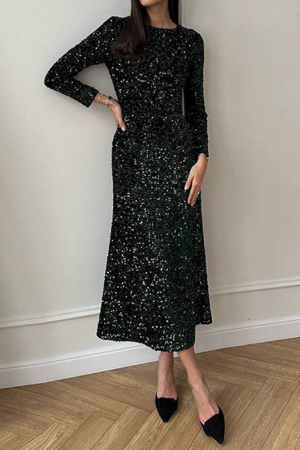 Long Sleeve Sequin Midi Mermaid Evening Dress