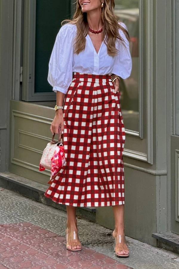Vintage Gingham High Waist Pleated A Line Midi Skirt