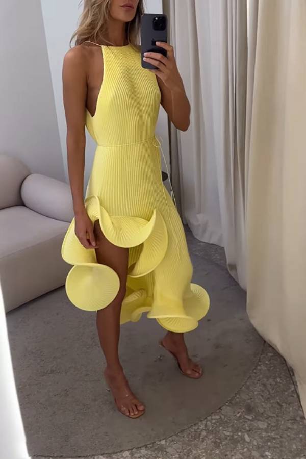 Halter Neck Ribbed Knit Ruffle Slit Dress