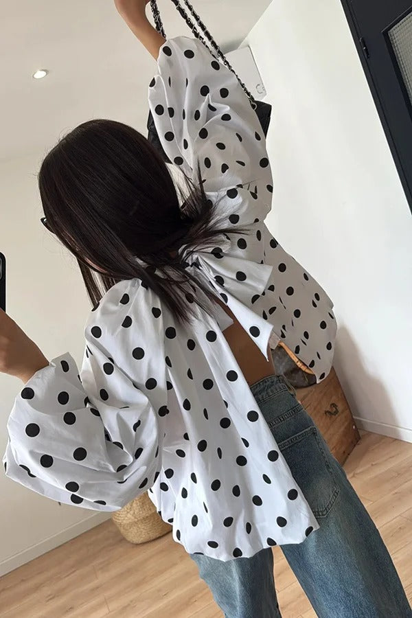 Issie Polka Dot Print Turtleneck Knotted Balloon Sleeve Back Slit Loose Blouse