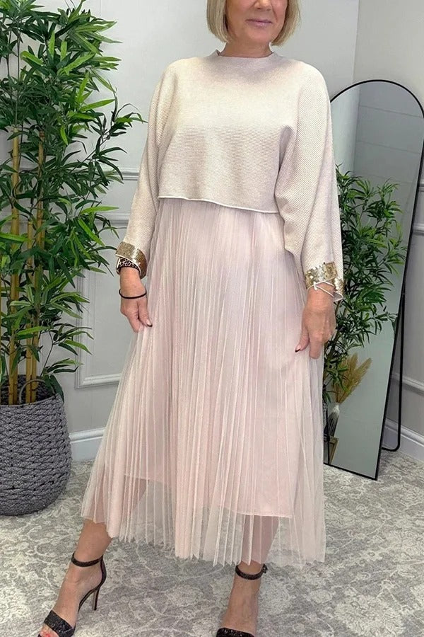 Fenna Ribbed Sequin Trim Batwing Sleeve Sweater and Pleated Tulle Stretch Tank Midi Dress Two-piece Set