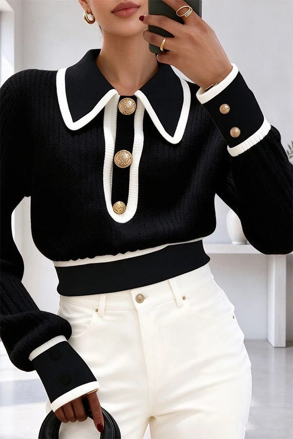 Olivia Knit Top with Contrast Piping and Collar