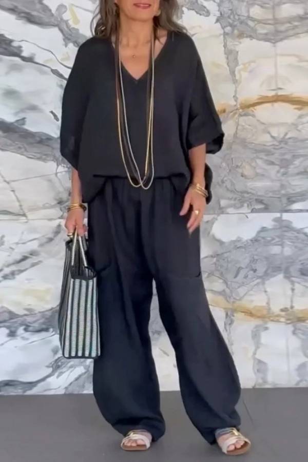 V‑Neck Batwing Sleeve Linen Wide‑Leg Pants Two‑Piece Set