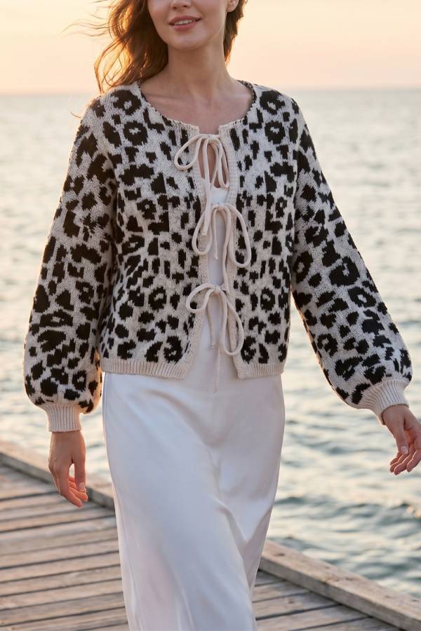 Leopard Print Bow‑Tie Short Knit Cardigan