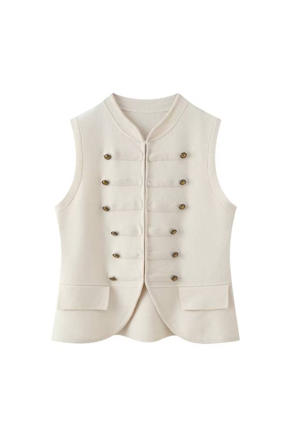 French Vintage Stand‑Collar Double‑Breasted Metal‑Button Fitted Waistcoat