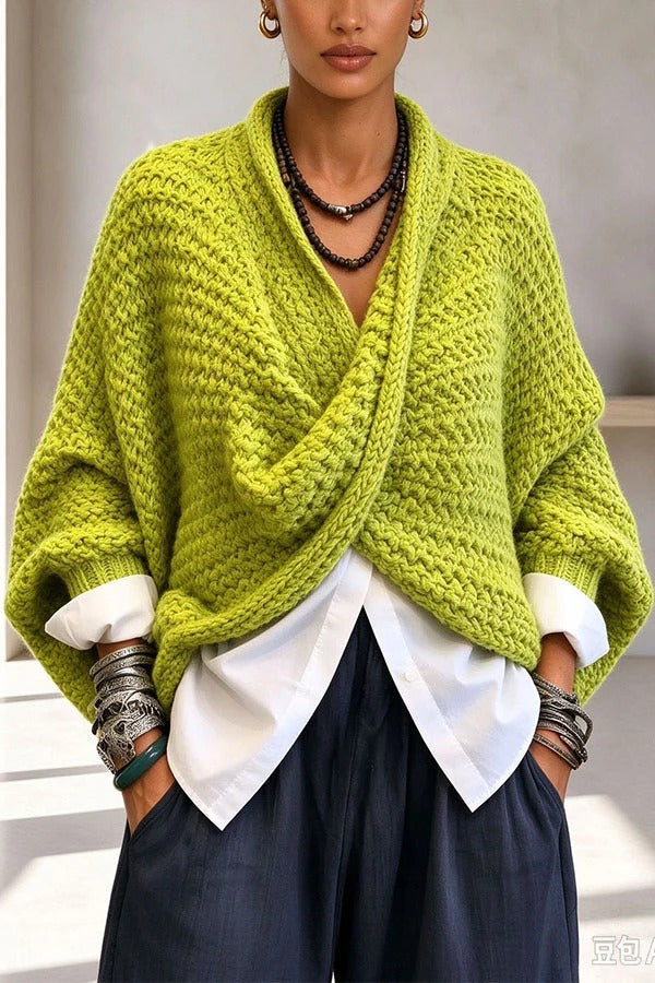 Comfortable Casual Knit Batwing Sleeves and A Crossover V-neck Loose-fitting Sweater