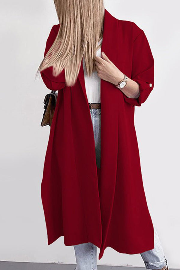 Solid Lapel 3/4 Sleeve Slit Cardigan