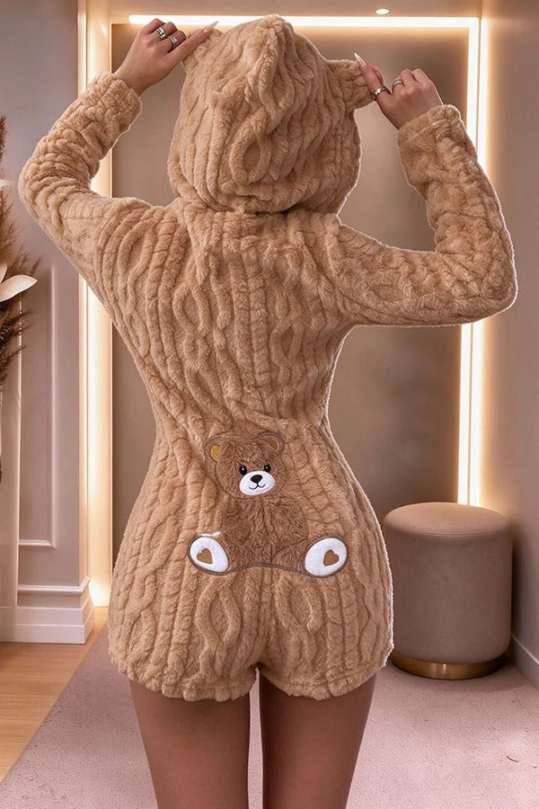 Relaxed and Cozy Teddy Bear Long Sleeve Zipper Hooded Lounge Romper
