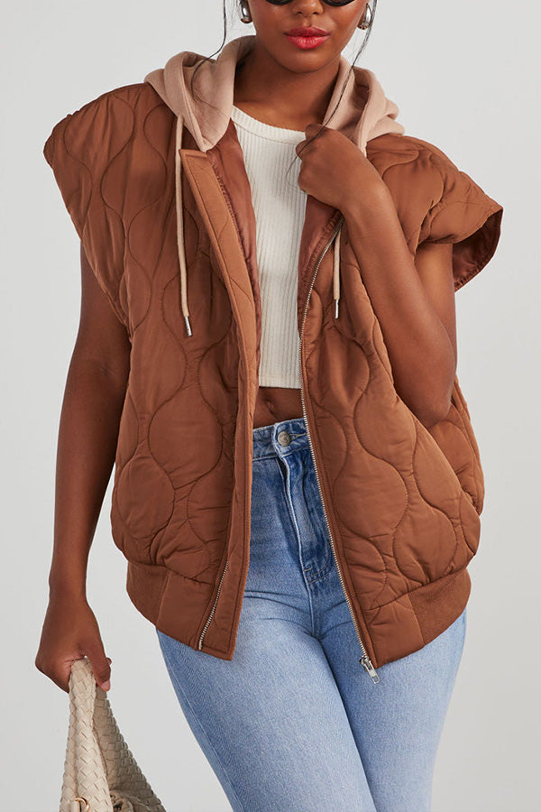 Fall and Forever Zipper Pocket Hooded Quilted Cotton Vest