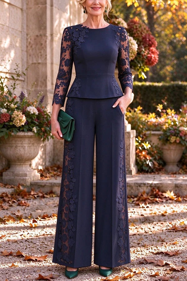 Embroidered Floral Lace Patchwork Flare Hem Top and Elastic Waist Pocket Wide Leg Pants Set