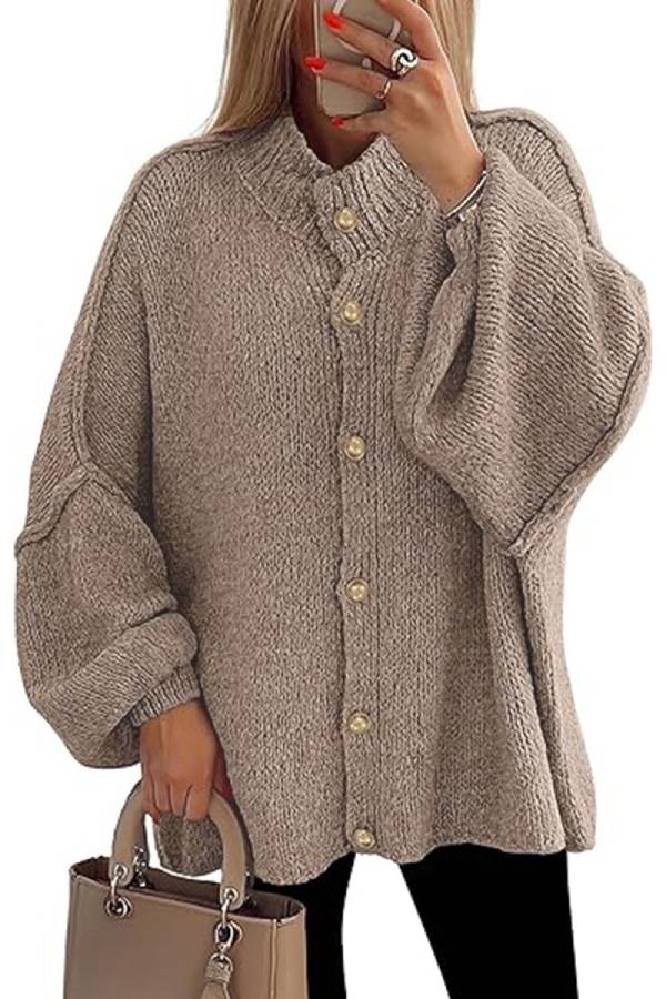 Oversized Lantern‑Sleeve Gold Button Knit Cardigan