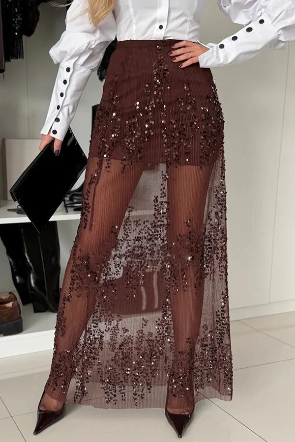 Darling Details Sequin Embroidered Tulle High Rise Elastic Waist Maxi Skirt