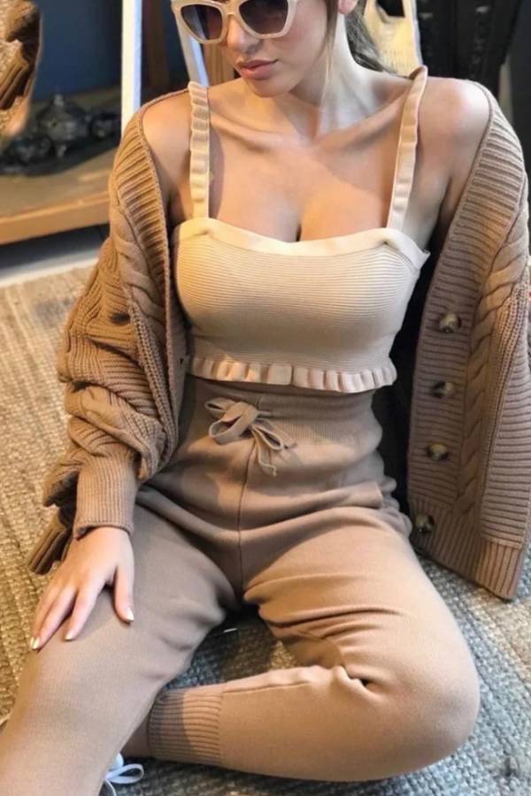Fashion Solid Color V-neck Knit Set
