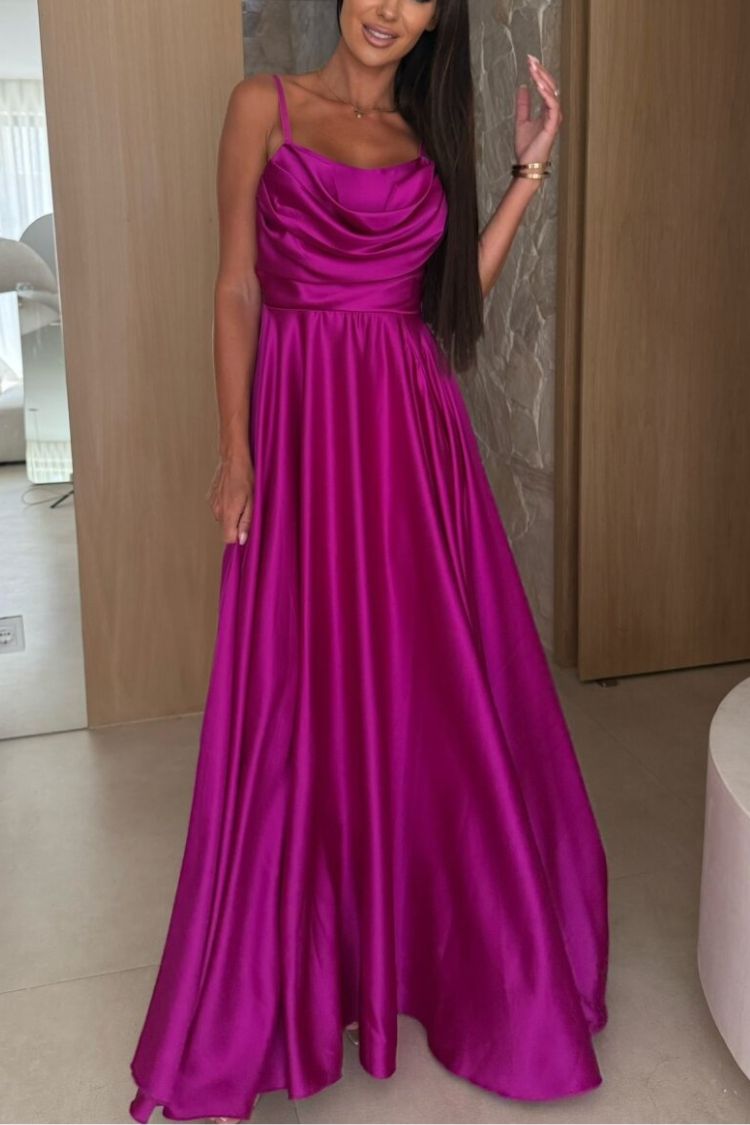Solid Color Suspender Back Pleated Elegant Slit Full Hem Maxi Dress
