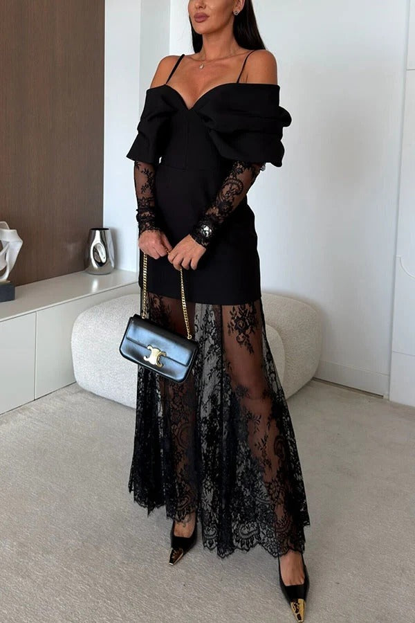 Lenossa Bow Long Sleeve Slit Mini Dress and Lace Elastic Waist Flare Maxi Skirt Set