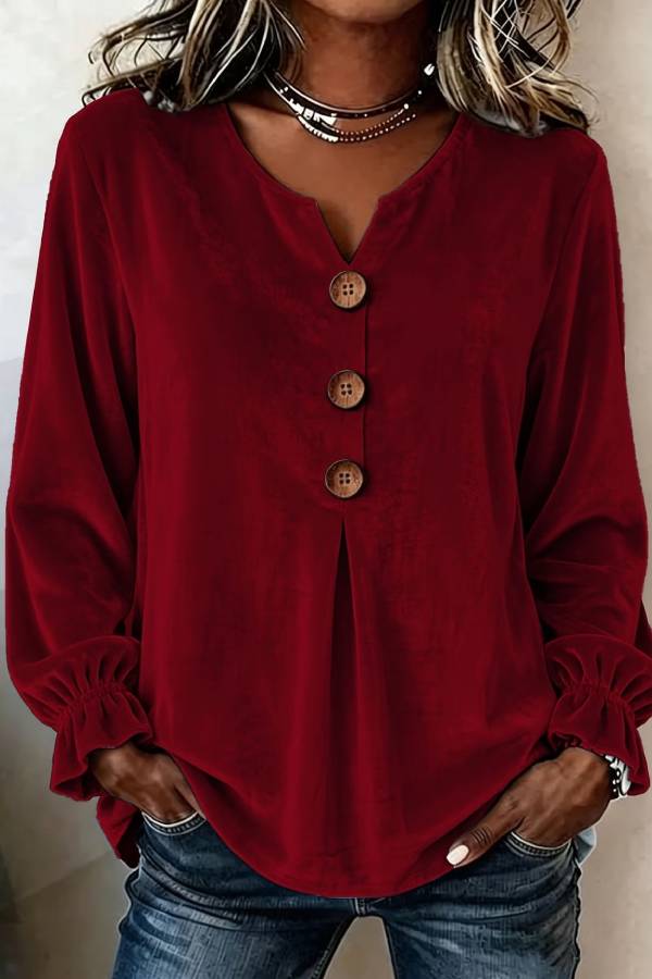 Velvet Notch V Neck Wooden Button Pleated Bell Sleeve Loose Blouse Top