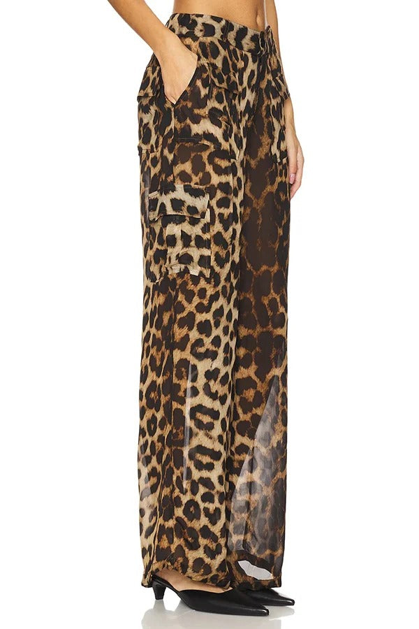 Minka Chiffon Leopard Elastic Waist Pocketed Loose Cargo Pants