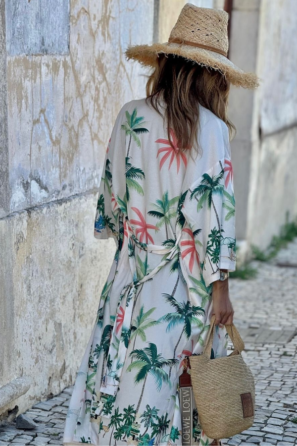 Holiday Leisure Coconut Tree Print Lace-up Loose Long Skirt