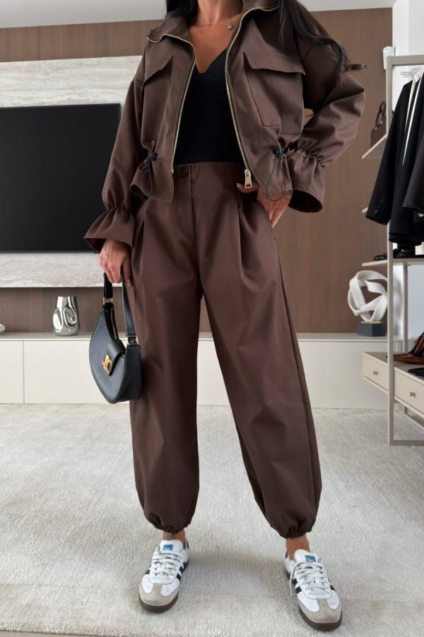 Trendy Workwear Style Drawstring Elastic Waist Long Sleeve Pocket Zipper Jacket