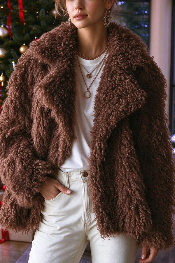 Warm Winter Teddy-style Curly Plush Long Sleeve Lapel Coat