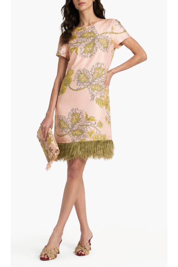 Satin Printed Feather Tassel Shift Dress