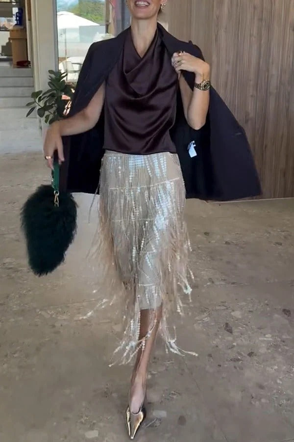 Champagne Party Layered Sequined Tassels Mid Rise Elastic Waist Midi Skirt