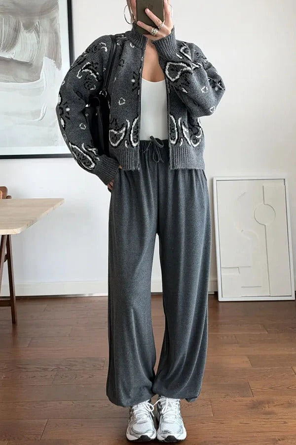 Bandana Knit Printed High Neck Long Sleeve Zipper Relaxed Cardigan