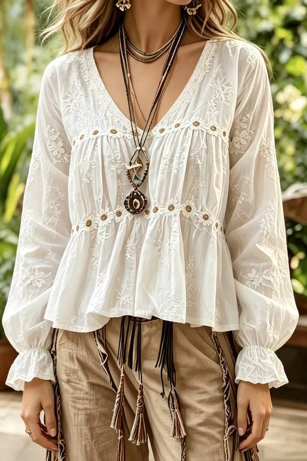 Floral V-Neck Flounce Sleeve Peplum Blouse