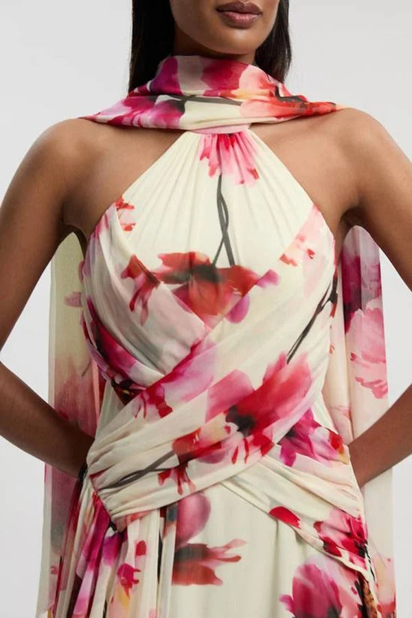 Blooming Petals Chiffon Floral Print Crinkle Cross Front Drape Ruffles Scarf Maxi Dress