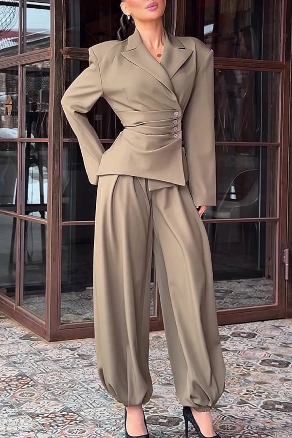 Ruched Waist Asymmetrical Blazer & Cuffed Pants Two‑Piece Set