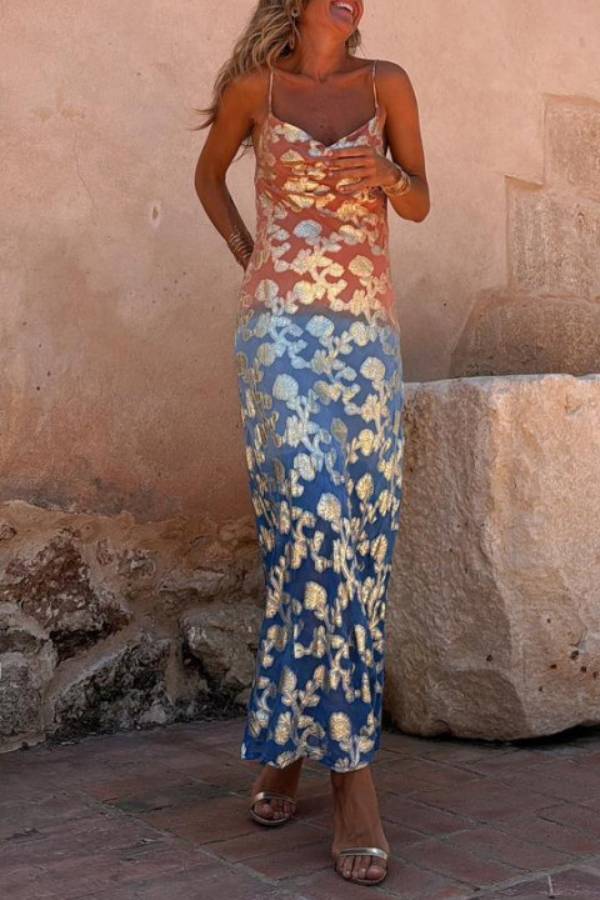 Tie Dye Ombre Gold Floral Print Sexy Strappy Maxi Dress