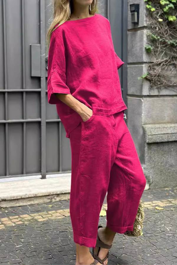Solid Washed Linen Loose Two Piece Set Boat Neck Midi Sleeve Cropped Top 7/8 Wide Leg Pants Vacation Co-Ord