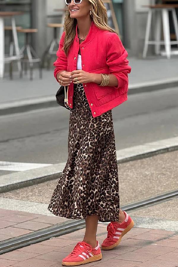 Coffee Time Leopard Print Elastic Waist Loose Midi Skirt