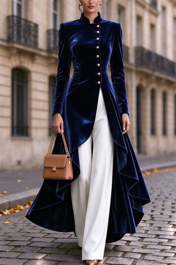 Napoleon Style Velvet Stand Neck Button Long Sleeve High Low Hem Midi Coat