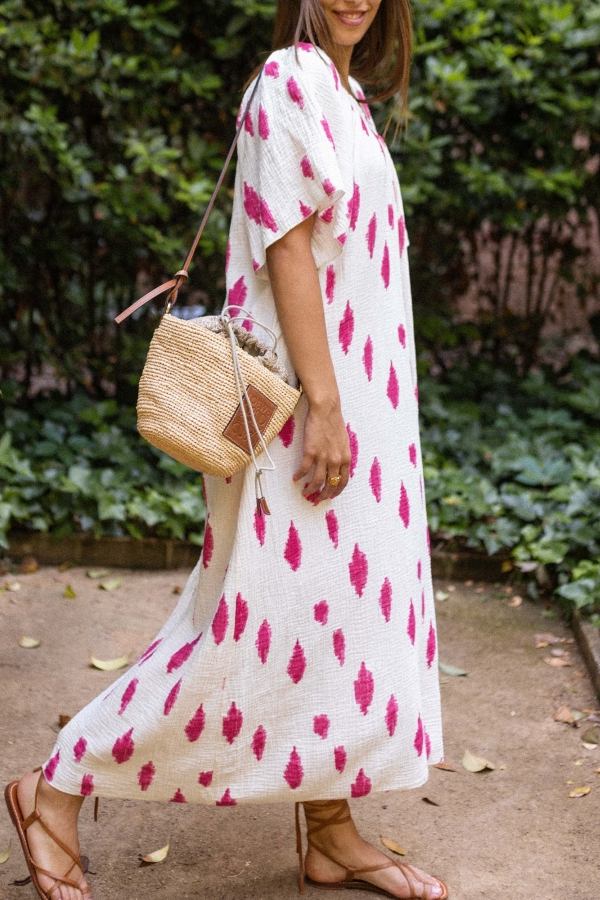 V-neck Large Cuffs Printed Loose Long Dress