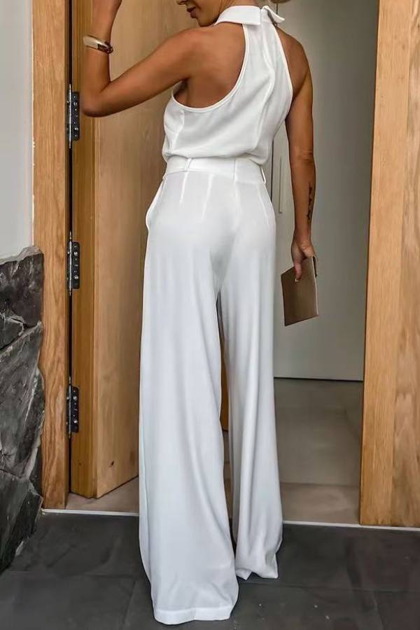 Collared Halter Backless High‑Waist Wide‑Leg Jumpsuit