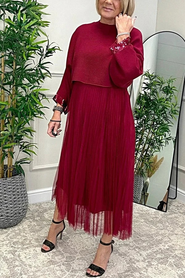 Fenna Ribbed Sequin Trim Batwing Sleeve Sweater and Pleated Tulle Stretch Tank Midi Dress Two-piece Set