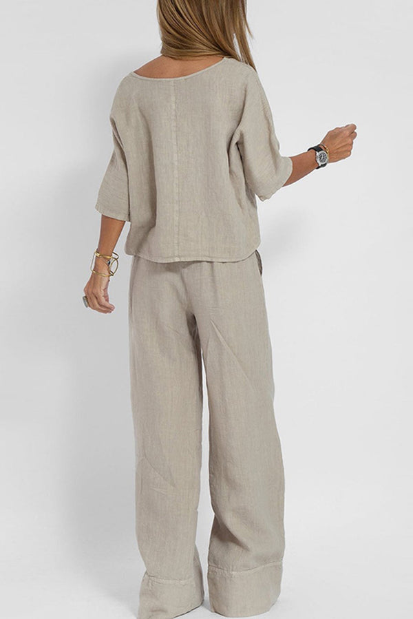 Linen Blend Solid Color Casual Round Neck Top and Loose Wide-leg Pants Set
